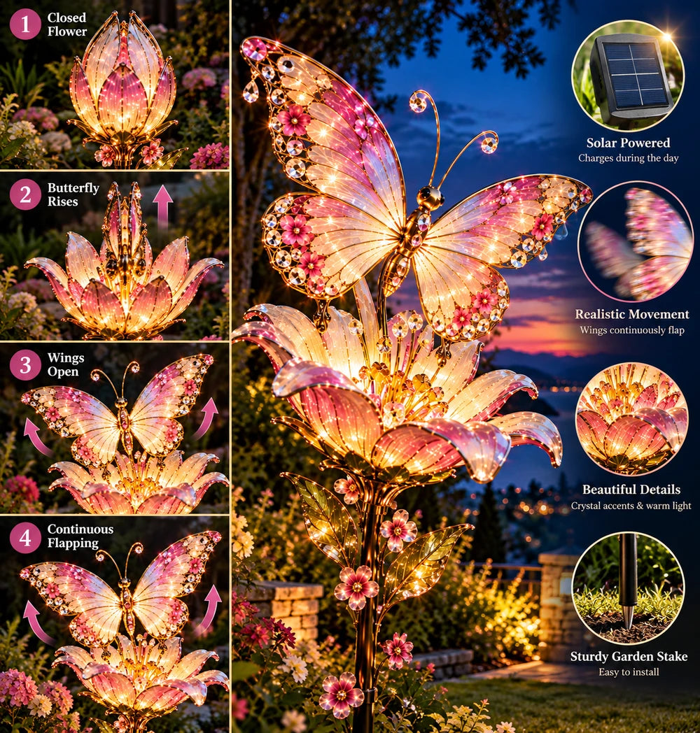 FlutterBloom butterfly solar garden light showing its motion, glow and decorative details