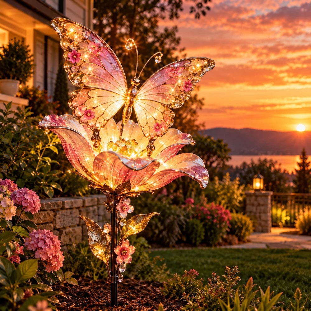 Illuminated butterfly flower light glowing in a garden at sunset
