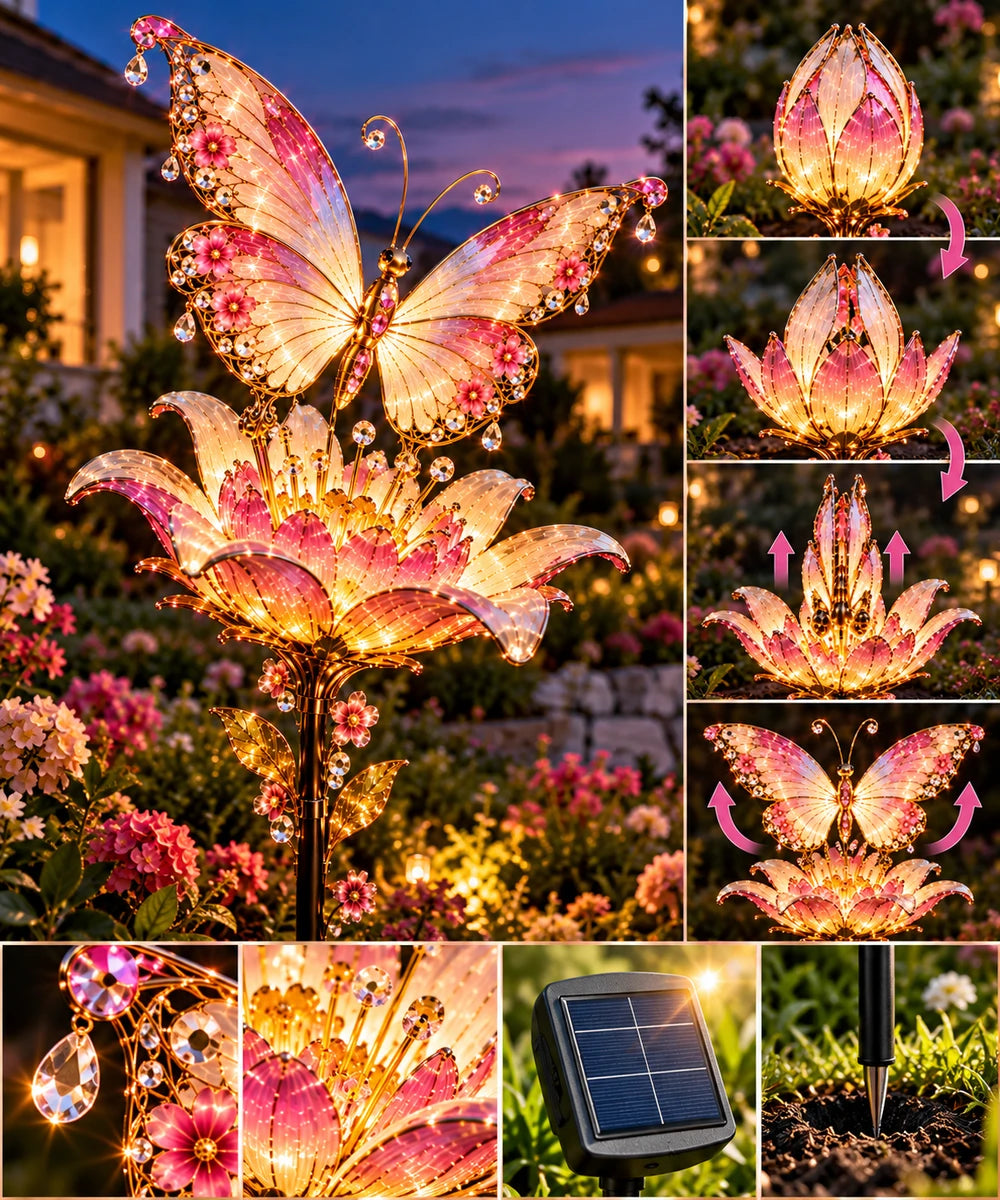 Butterfly light rising from its flower with close-up details of the solar panel and garden stake